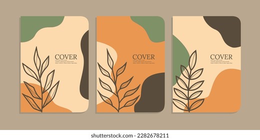 set of book cover designs with hand drawn foliage decorations. abstract retro botanical background. size A4 For notebooks, diaries, planners, brochures, books, catalogs