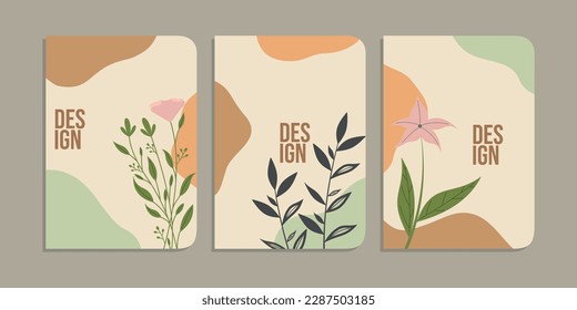 set of book cover designs with hand drawn floral decorations. abstract boho botanical background A4 size pastel blue color For book, binder, diary, planner, brochure, notebook, catalog