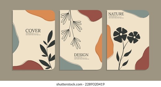 set of book cover designs with hand drawn foliage decorations. abstract retro botanical background.size A4 For notebooks, diary, schoolbook, planners, brochures, books, catalogs