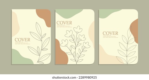 set of book cover designs with hand drawn floral decorations. abstract boho botanical background A4 size pastel blue color For book, binder, diary, planner, brochure, notebook, catalog