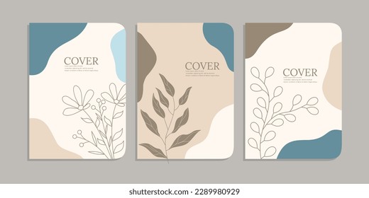 set of book cover designs with hand drawn floral decorations. abstract boho botanical background A4 size pastel blue color For book, binder, diary, planner, brochure, notebook, catalog