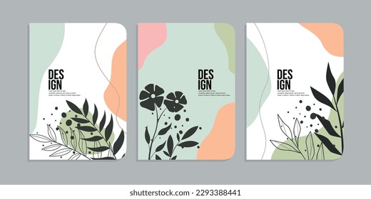 Set von Buchdeckendesigns mit handgezeichnet Blumendekorationen. schöner abstrakter botanischer Hintergrund .Größe A4 Für Notebook, Planer, Broschüre, Buch, Katalog