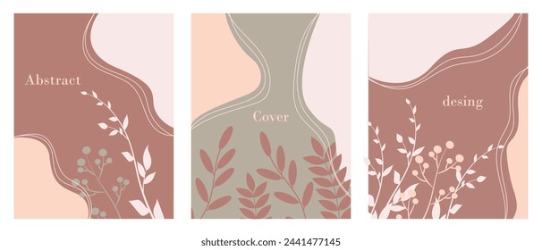 Conjunto de diseños de portada de libro con decoraciones de follaje dibujado a mano. Fondo botánico retro abstracto con formas líquidas orgánicas. Para planificadores, folletos, libros, catálogos.