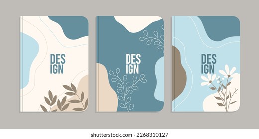 Set mit Buchcover-Vorlage mit handgezeichnet Blumendekorationen. abstrakter botanischer Hintergrund. Größe A4 Für Notebooks, Einladungen, Karten, Planer, Broschüren, Bücher, Kataloge