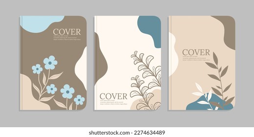 set of book cover template with hand drawn plant decorations. abstract retro botanical background.size A4 For notebooks, diary, invitation, planners, brochures, books, catalogs