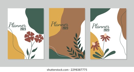 Set mit Buchcover-Vorlage mit handgezeichnet Blumendekorationen. abstrakter, botanischer Hintergrund. Größe A4 Für Notebooks, Bücher, Hardcover, Planer, Broschüren, Kataloge