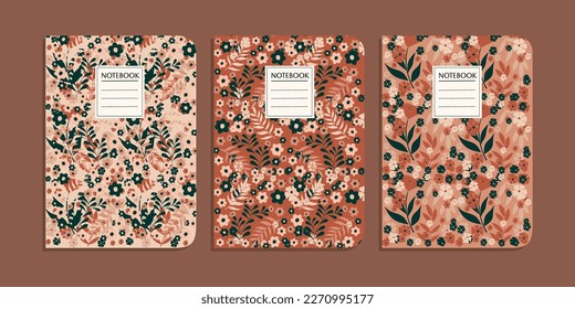 Set von Buchcover-Vorlagen mit handgezeichnet abstrakten Blumenmustern. abstrakter, botanischer Hintergrund. Größe A4 Für Notebooks, Bücher, Tagebücher, Planer, Broschüren, Bücher, Kataloge