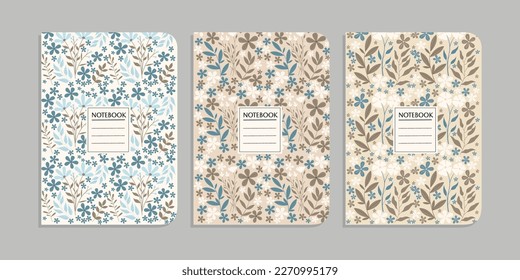 set of book cover templates with hand drawn abstract floral patterns. abstract retro botanical background. size A4 For notebooks, books, diaries, planners, brochures, books, catalogs