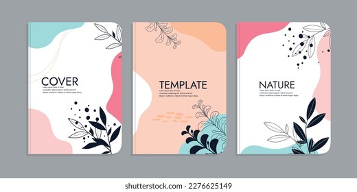 set of book cover templates with hand drawn floral decorations. beauty botanical abstract background. size A4 For notebooks, school books, diaries, planners, brochures, books, catalogs