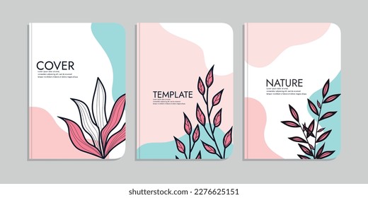 Set von Buchcover-Vorlagen mit handgezeichneten Blumendekorationen. Beauty-botanischer abstrakter Hintergrund. Größe A4 Für Notebooks, Schulbücher, Tagebücher, Planer, Broschüren, Bücher, Kataloge