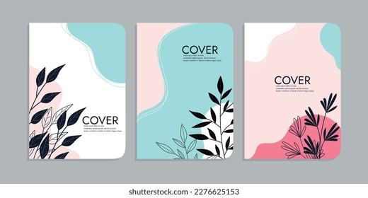 Set von Buchcover-Vorlagen mit handgezeichneten Blumendekorationen. Beauty-botanischer abstrakter Hintergrund. Größe A4 Für Notebooks, Schulbücher, Tagebücher, Planer, Broschüren, Bücher, Kataloge