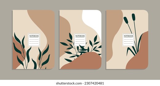 Set von Buchcover-Vorlagen mit handgezeichneten Blumendekorationen. abstrakter, botanischer Hintergrund. A4-Größe für Notebooks, Planer, Broschüren, Bücher, Kataloge