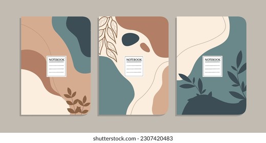 Set von Buchcover-Vorlagen mit handgezeichneten Blumendekorationen. abstrakter, botanischer Hintergrund. A4-Größe für Notebooks, Planer, Broschüren, Bücher, Kataloge