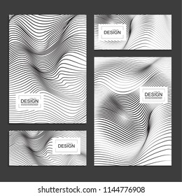 Set of book covers and banners design template with distorted wave monochrome texture. Vector stripe deformation background.