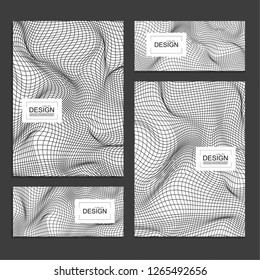Set of book covers and banners design template with distorted wave monochrome texture. Vector stripe deformation background.