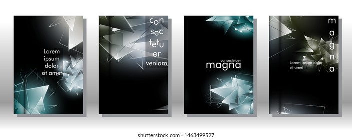 Set of book covers on a background of light Triangles. Abstract composition of 3D triangles. Modern geometric backgrounds isolated black