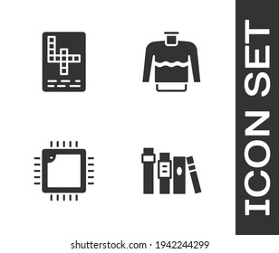 Set Book, Crossword, Processor with CPU and Sweater icon. Vector