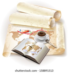 Set of a book and cup of coffee, isolated on grunge background with a map