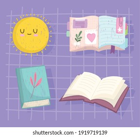 set book different books read and sun cartoon vector illustration