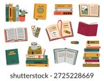 Set of book doodles for reading and study, vector flat cartoon illustration collection in cozy style. Open books, stacks and shelves for hobby, self time and interior themes, education, libraries