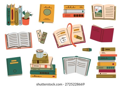 Set of book doodles for reading and study, vector flat cartoon illustration collection in cozy style. Open books, stacks and shelves for hobby, self time and interior themes, education, libraries