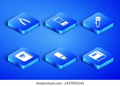 Set Book, brújula de dibujo, unidad flash USB, portátil, reloj de arena antiguo e icono de micrófono. Vector