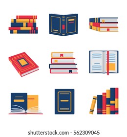 Set of book flat design. Colored books collection isolated on white background, vector illustration.