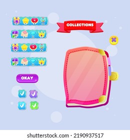 Set Of Book Game UI Pop Up Collections Icons Red Orange Color Cute Colorful Cartoon For GUI Or Business , Education , E-commerce , Vector Design