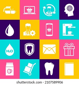 Set Book, Gift box, Coffee machine and cup, Human resources, Profile settings and Water drop icon. Vector