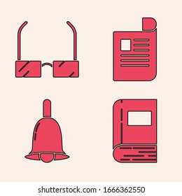 Set Book, Glasses, Document and Ringing bell icon. Vector