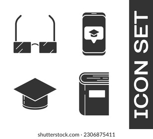 Buchen, Gläser, Graduationsmütze und Graduationsmütze auf dem Smartphone-Symbol auf dem Bildschirm. Vektorgrafik