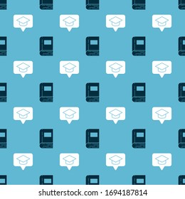 Set Book and Graduation cap in speech bubble on seamless pattern. Vector