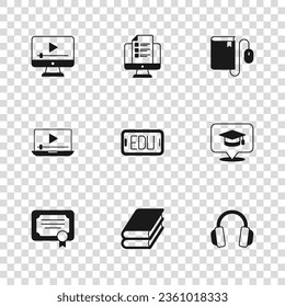 Set Book, Graduation cap in speech bubble, Headphones, Online education, Electronic book with mouse, play video, quiz, test, survey and  icon. Vector