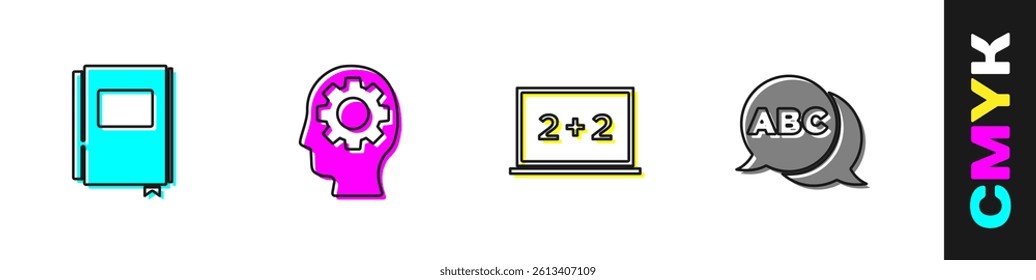 Set Book, Head with gear inside, Chalkboard and Alphabet icon. Vector