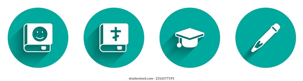 Set Book, Holy bible book, Graduation cap and Pencil with eraser icon with long shadow. Vector