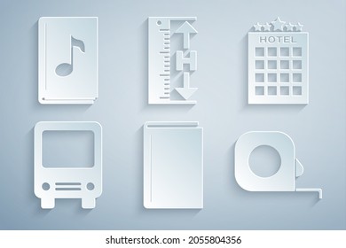 Set Book, Hotel building, Bus, Roulette construction, Measuring height and length and Audio book icon. Vector