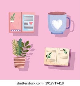 set book, icon coffee cup textbooks plant vector illustration