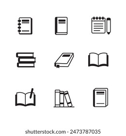 Set of book icons with black design on a white background