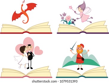 A set of book icons for different genres; fantasy, fairy tales, romance, historical fiction