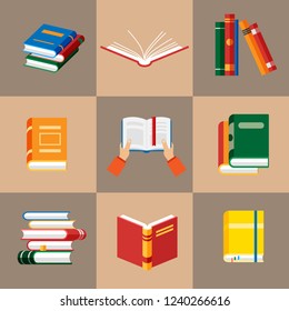 Set of book icons in flat style isolated. Vector hands hold book. Opened notebook and diary with color bookmarks. Stack of literature and documents. Publication, study, learning concept.