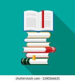 Set of book icons in flat style isolated on blue background. Vector heap of books with open book on a top. Stack of literature and documents. Publication, study, learning concept.
