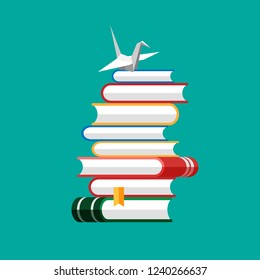 Set of book icons in flat style isolated on blue background. Vector heap of books with paper crane on a top. Stack of literature and documents. Publication, study, learning concept.