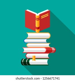 Set of book icons in flat style isolated on blue background. Vector heap of books with open hard covered book on a top. Stack of literature and documents. Publication, study, learning concept.