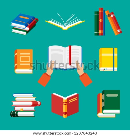 Set of book icons in flat style isolated on blue bacground. Vector hands hold book. Opened notebook and diary with color bookmarks. Stack of literature and documents. Publication, study, learning.