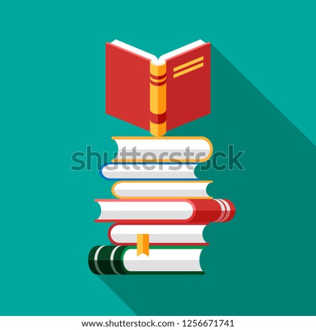 Set of book icons in flat style isolated on blue background. Vector heap of books with open hard covered book on a top. Stack of literature and documents. Publication, study, learning concept.