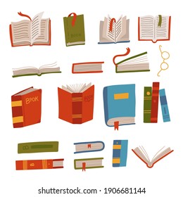 Set of book icons in flat vector hand drawn design style. Trendy illustration