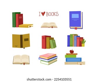 Set of book icons in flat vector hand drawn design style. Trendy illustration.