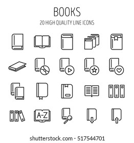 Set of book icons in modern thin line style. High quality black outline learning symbols for web site design and mobile apps. Simple linear book pictograms on a white background