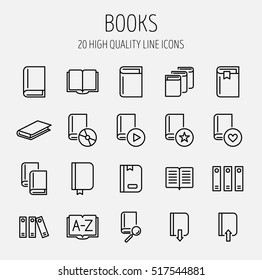Set of book icons in modern thin line style. High quality black outline learning symbols for web site design and mobile apps. Simple linear book pictograms on a white background