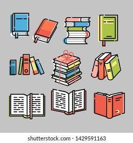 Set of book icons. Open book, bunch of books, stack of books. Collection of vector colorful outlined illustrations, isolated.